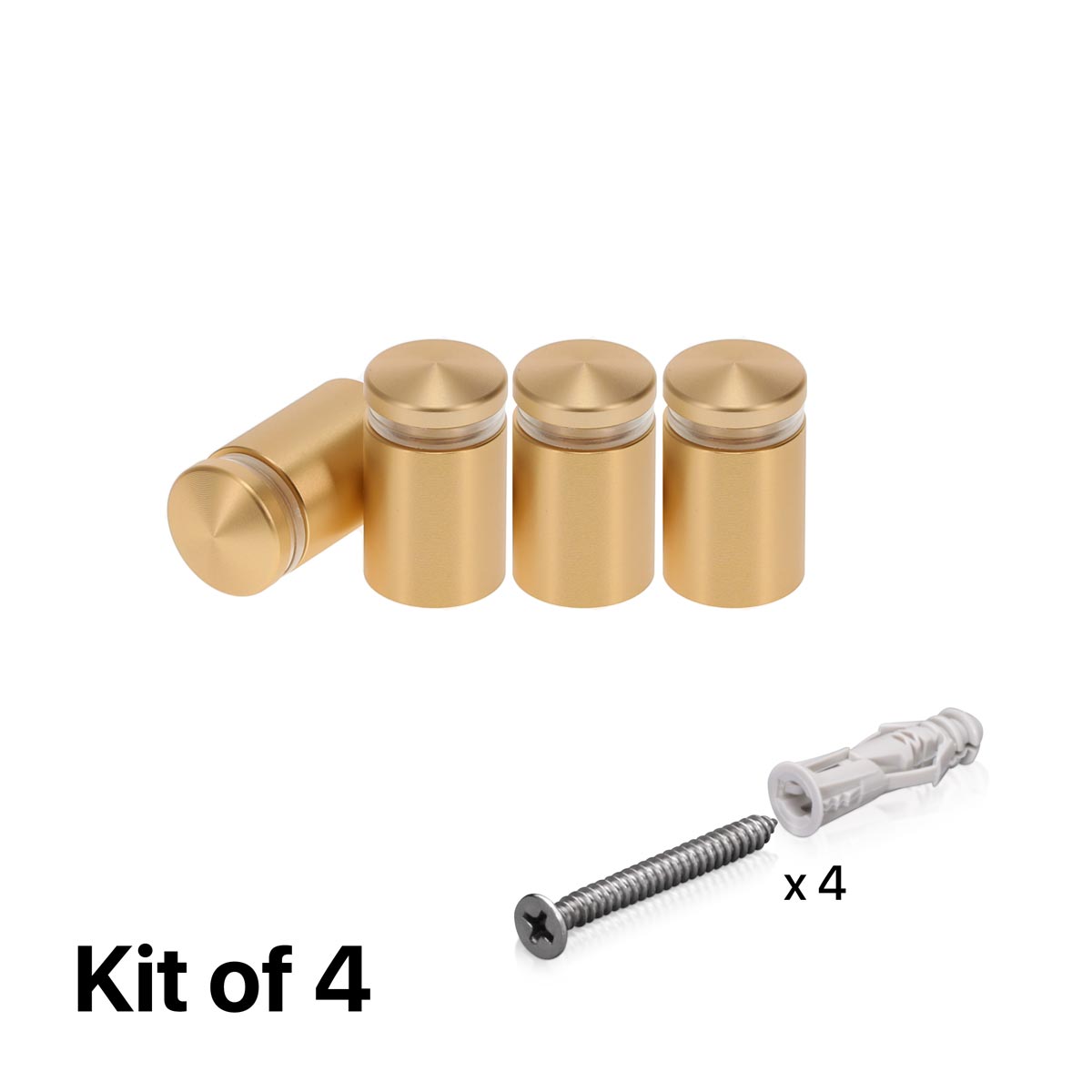 (Set of 4) 5/8'' Diameter X 3/4'' Barrel Length, Alumi. Rounded Head Standoffs, Matte Champagne Anodized Finish Standoff with (4) 2208Z Screw and (4) LANC1 Anchor for concrete or drywall (For In / Out use) [Required Material Hole Size: 7/16'']