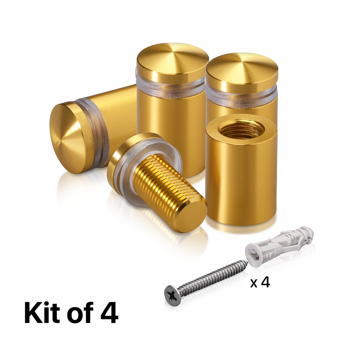 (Set of 4) 5/8'' Diameter X 3/4'' Barrel Length, Aluminum Rounded Head Standoffs, Gold Anodized Finish Standoff with (4) 2208Z Screw and (4) LANC1 Anchor for concrete or drywall (For Inside / Outside use) [Required Material Hole Size: 7/16'']