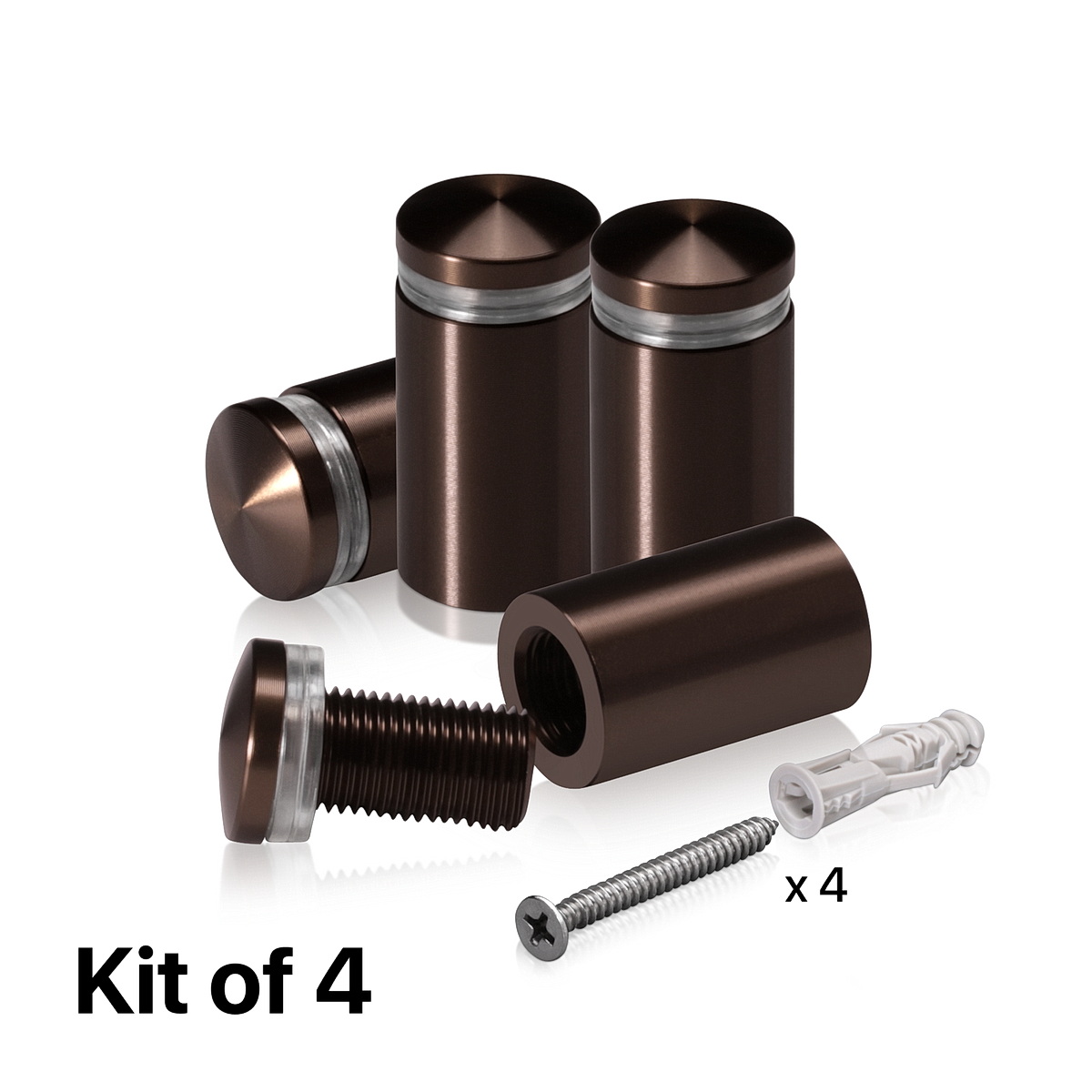 (Set of 4) 5/8'' Diameter X 1'' Barrel Length, Aluminum Rounded Head Standoffs, Bronze Anodized Finish Standoff with (4) 2208Z Screw and (4) LANC1 Anchor for concrete or drywall (For Inside / Outside use) [Required Material Hole Size: 7/16'']