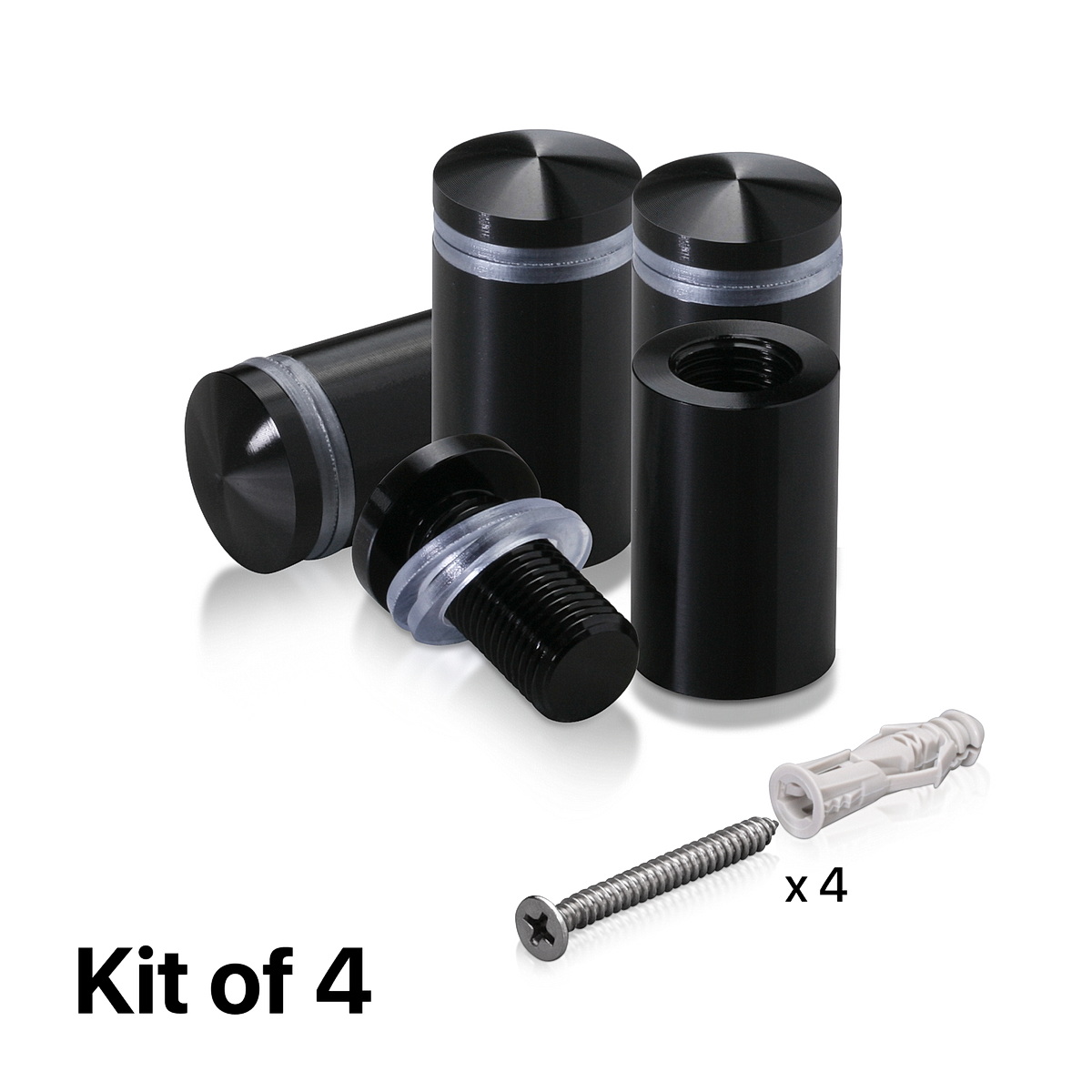 (Set of 4) 5/8'' Diameter X 1'' Barrel Length, Aluminum Rounded Head Standoffs, Black Anodized Finish Standoff with (4) 2208Z Screw and (4) LANC1 Anchor for concrete or drywall (For Inside / Outside use) [Required Material Hole Size: 7/16'']