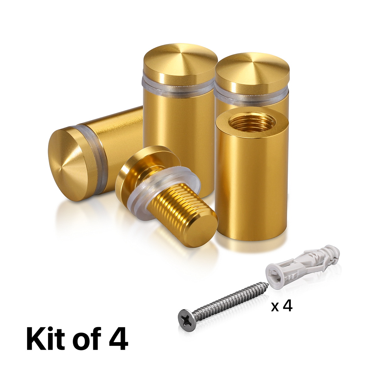 (Set of 4) 5/8'' Diameter X 1'' Barrel Length, Aluminum Rounded Head Standoffs, Gold Anodized Finish Standoff with (4) 2208Z Screw and (4) LANC1 Anchor for concrete or drywall (For Inside / Outside use) [Required Material Hole Size: 7/16'']
