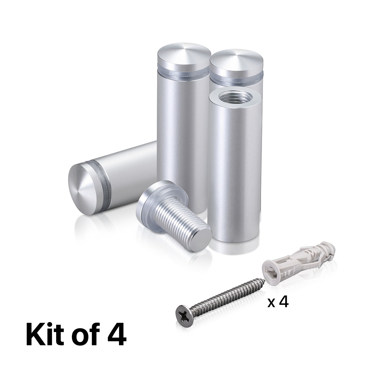 (Set of 4) 5/8'' Diameter X 1-3/4'' Barrel Length, Aluminum Rounded Head Standoffs, Clear Anodized Finish Standoff with (4) 2208Z Screw and (4) LANC1 Anchor for concrete or drywall (For Inside / Outside use) [Required Material Hole Size: 7/16'']