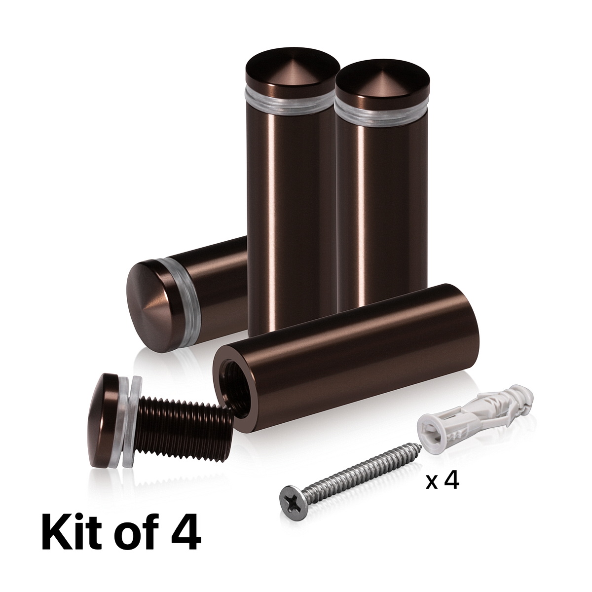 (Set of 4) 5/8'' Diameter X 1-3/4'' Barrel Length, Aluminum Rounded Head Standoffs, Bronze Anodized Finish Standoff with (4) 2208Z Screw and (4) LANC1 Anchor for concrete or drywall (For Inside / Outside use) [Required Material Hole Size: 7/16'']