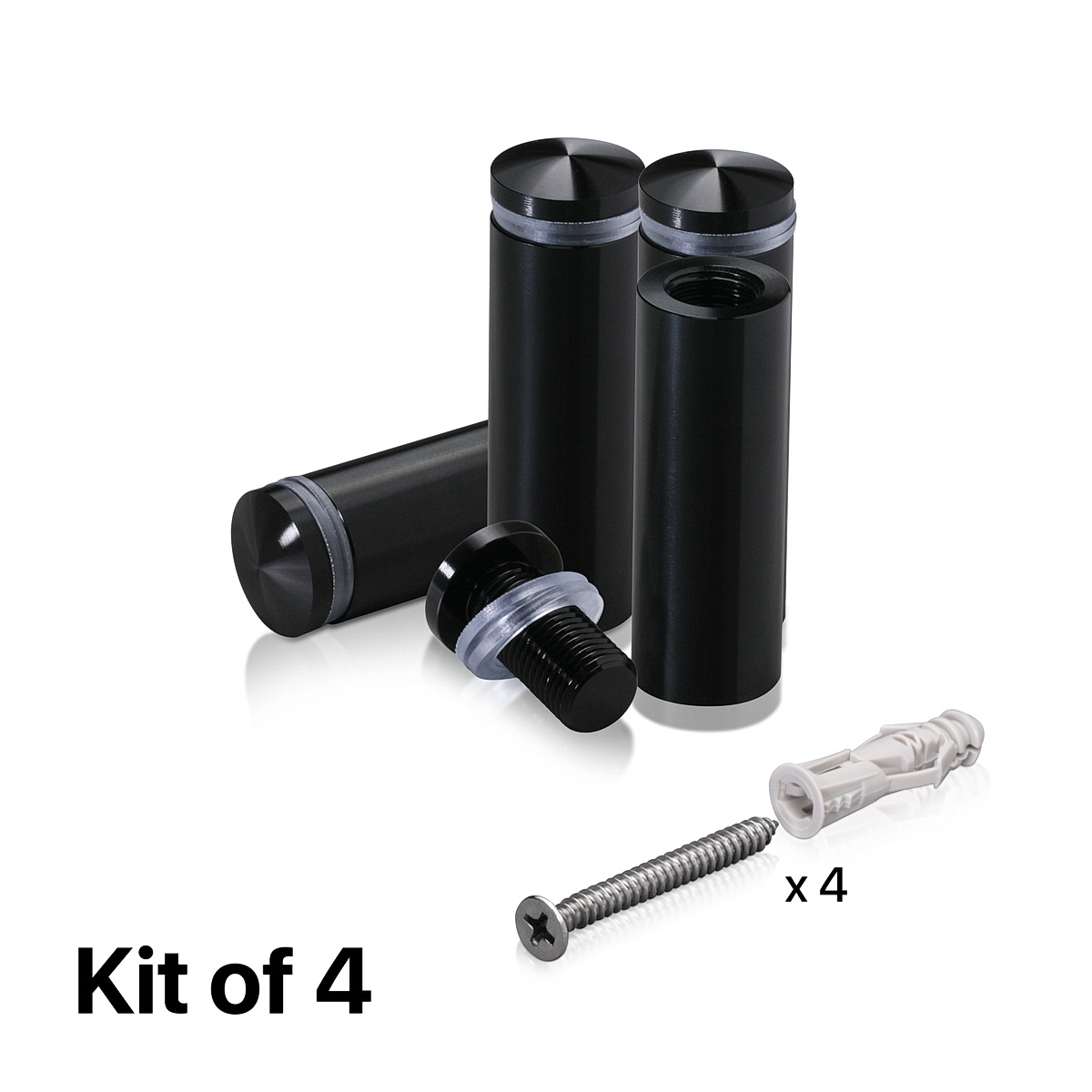(Set of 4) 5/8'' Diameter X 1-3/4'' Barrel Length, Aluminum Rounded Head Standoffs, Black Anodized Finish Standoff with (4) 2208Z Screw and (4) LANC1 Anchor for concrete or drywall (For Inside / Outside use) [Required Material Hole Size: 7/16'']