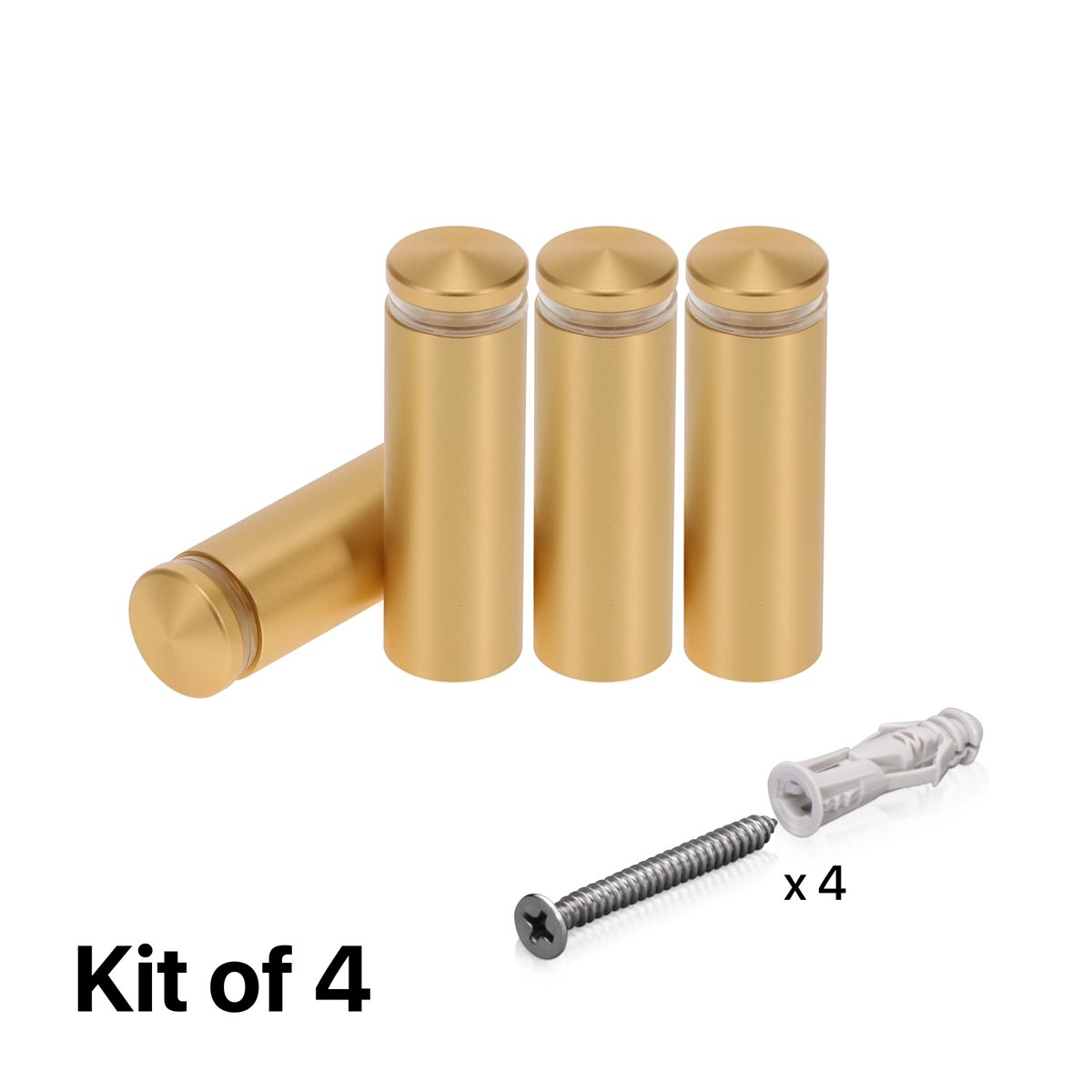 (Set of 4) 5/8'' Diameter X 1-3/4'' Barrel Length, Alumi. Rounded Head Standoffs, Matte Champagne Anodized Finish Standoff with (4) 2208Z Screw and (4) LANC1 Anchor for concrete or drywall (For In / Out use) [Required Material Hole Size: 7/16'']