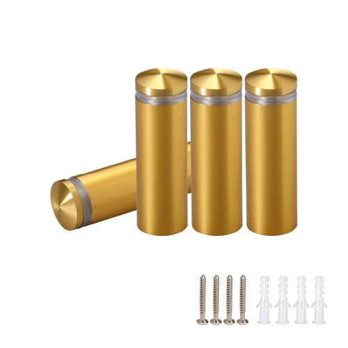 (Set of 4) 5/8'' Diameter X 1-3/4'' Barrel Length, Aluminum Rounded Head Standoffs, Gold Anodized Finish Standoff with (4) 2208Z Screw and (4) LANC1 Anchor for concrete or drywall (For Inside / Outside use) [Required Material Hole Size: 7/16'']
