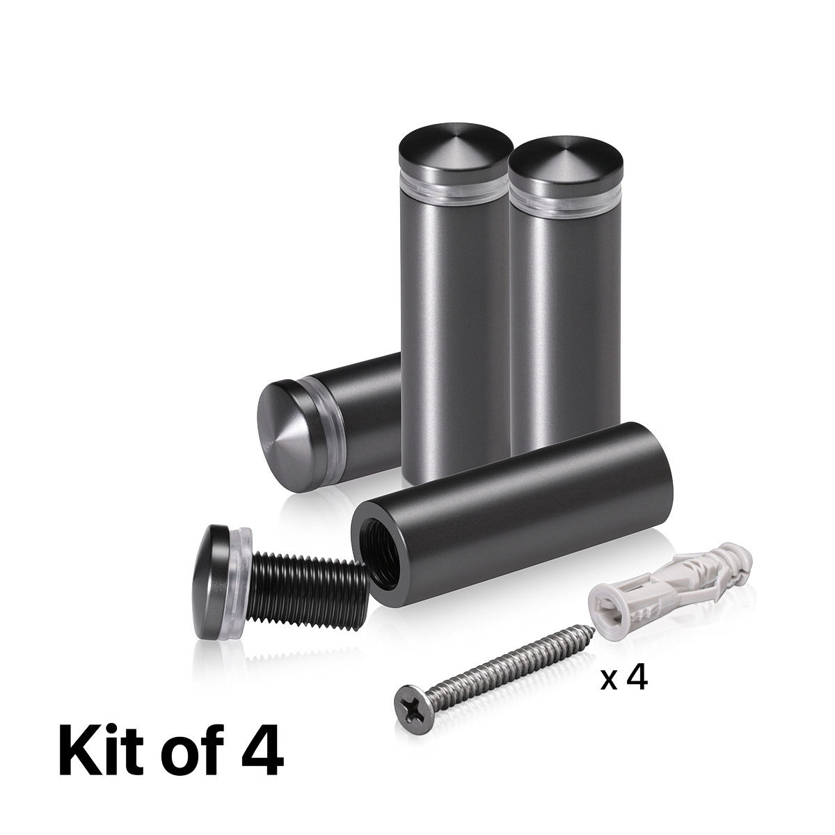 (Set of 4) 5/8'' Diameter X 1-3/4'' Barrel Length, Aluminum Rounded Head Standoffs, Titanium Anodized Finish Standoff with (4) 2208Z Screw and (4) LANC1 Anchor for concrete or drywall (For Inside / Outside use) [Required Material Hole Size: 7/16'']