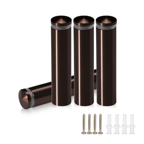 (Set of 4) 5/8'' Diameter X 2-1/2'' Barrel Length, Aluminum Rounded Head Standoffs, Bronze Anodized Finish Standoff with (4) 2208Z Screw and (4) LANC1 Anchor for concrete or drywall (For Inside / Outside use) [Required Material Hole Size: 7/16'']