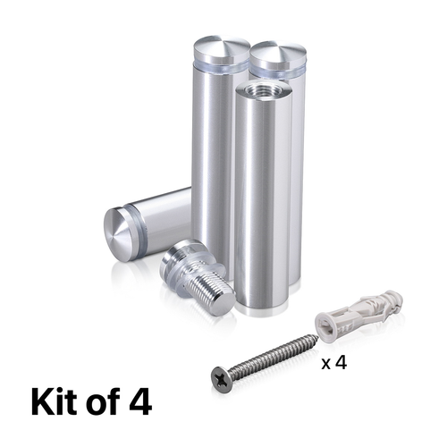 (Set of 4) 5/8'' Diameter X 2-1/2'' Barrel Length, Aluminum Rounded Head Standoffs, Shiny Anodized Finish Standoff with (4) 2208Z Screw and (4) LANC1 Anchor for concrete or drywall (For Inside / Outside use) [Required Material Hole Size: 7/16'']