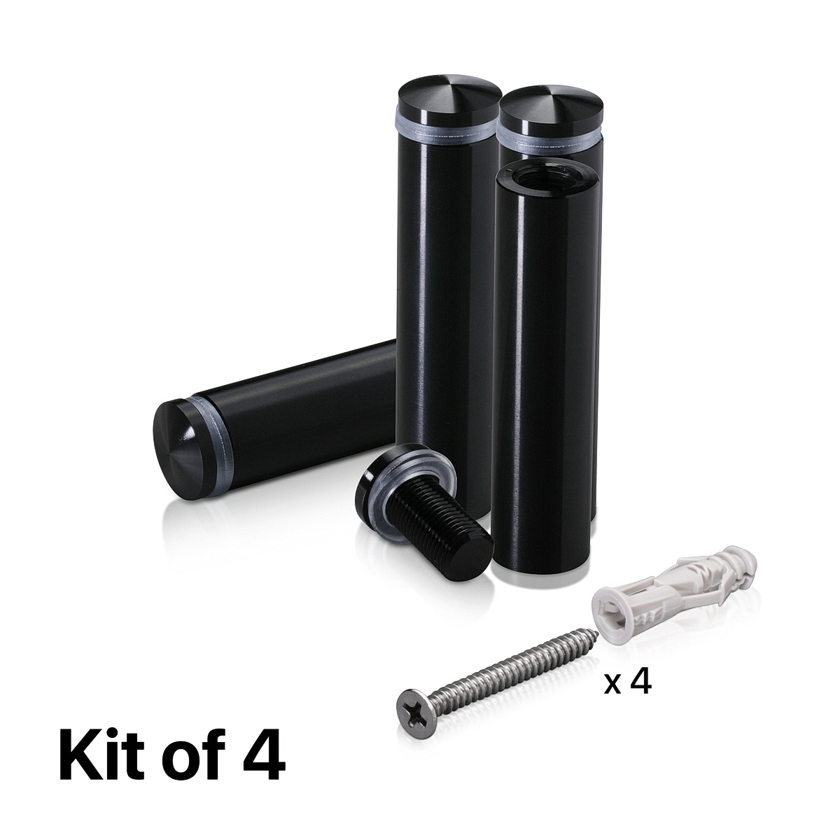 (Set of 4) 5/8'' Diameter X 2-1/2'' Barrel Length, Aluminum Rounded Head Standoffs, Black Anodized Finish Standoff with (4) 2208Z Screw and (4) LANC1 Anchor for concrete or drywall (For Inside / Outside use) [Required Material Hole Size: 7/16'']