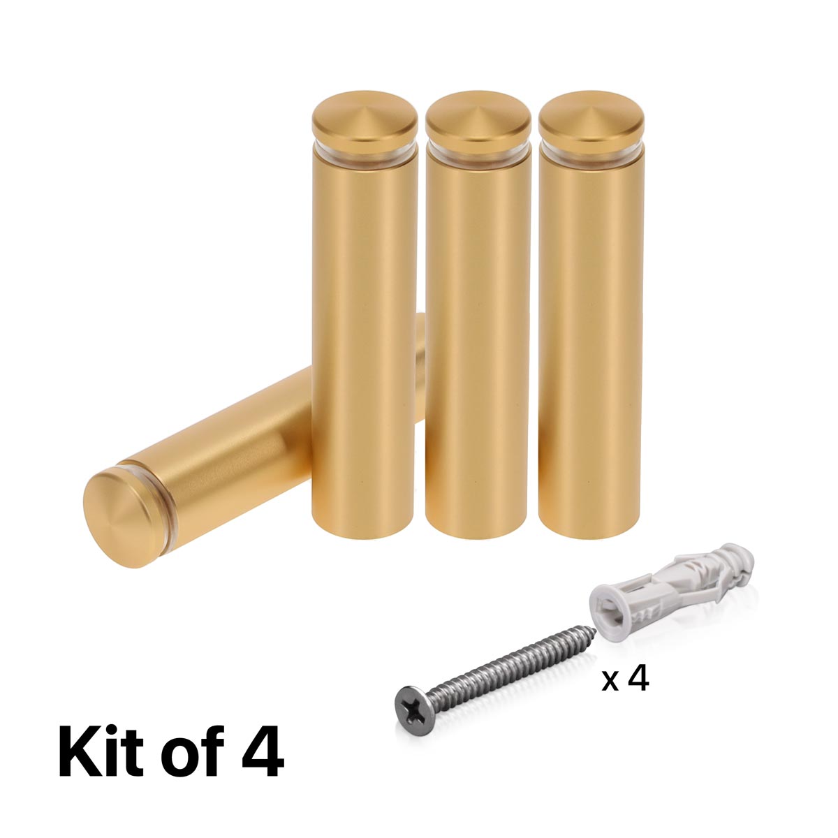 (Set of 4) 5/8'' Diameter X 2-1/2'' Barrel Length, Alumi. Rounded Head Standoffs, Matte Champagne Anodized Finish Standoff with (4) 2208Z Screw and (4) LANC1 Anchor for concrete or drywall (For In / Out use) [Required Material Hole Size: 7/16'']