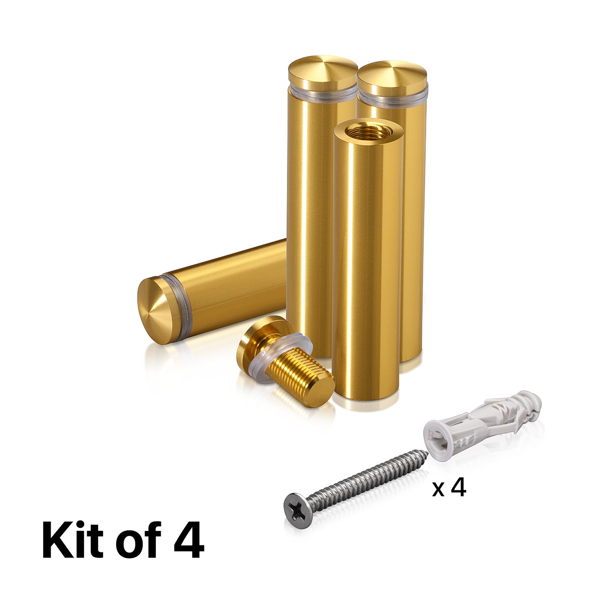 (Set of 4) 5/8'' Diameter X 2-1/2'' Barrel Length, Aluminum Rounded Head Standoffs, Gold Anodized Finish Standoff with (4) 2208Z Screw and (4) LANC1 Anchor for concrete or drywall (For Inside / Outside use) [Required Material Hole Size: 7/16'']