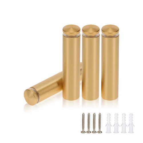 (Set of 4) 5/8'' Diameter X 2-1/2'' Barrel Length, Alumi. Rounded Head Standoffs, Matte Champagne Anodized Finish Standoff with (4) 2208Z Screw and (4) LANC1 Anchor for concrete or drywall (For In / Out use) [Required Material Hole Size: 7/16'']