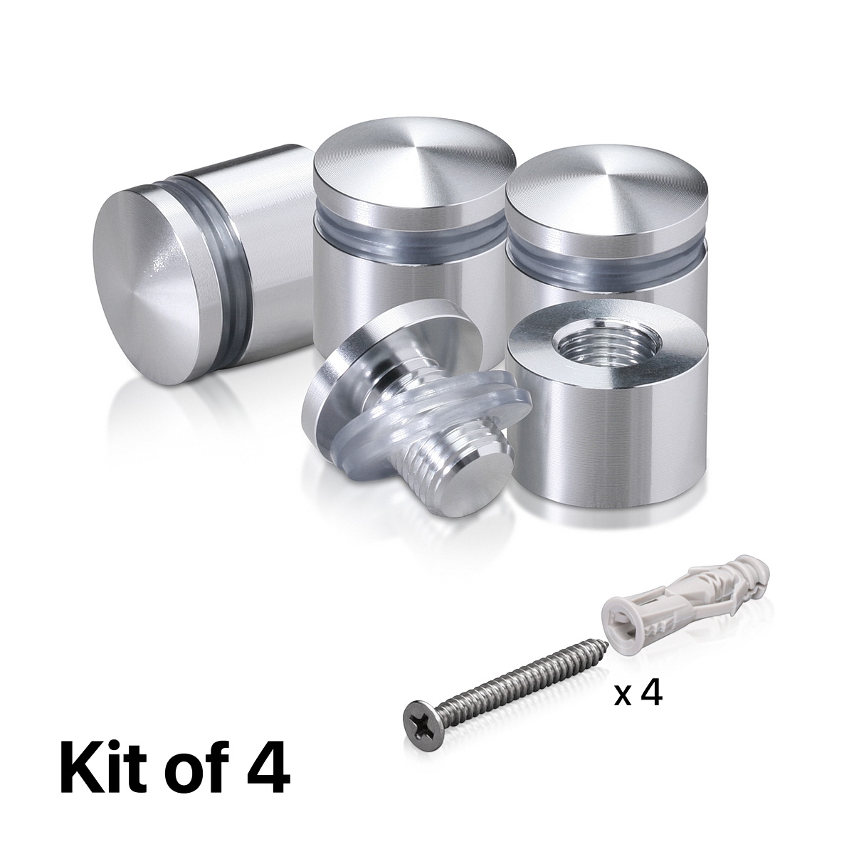 (Set of 4) 3/4'' Diameter X 1/2'' Barrel Length, Aluminum Rounded Head Standoffs, Shiny Anodized Finish Standoff with (4) 2216Z Screws and (4) LANC1 Anchors for concrete or drywall (For Inside / Outside use) [Required Material Hole Size: 7/16'']