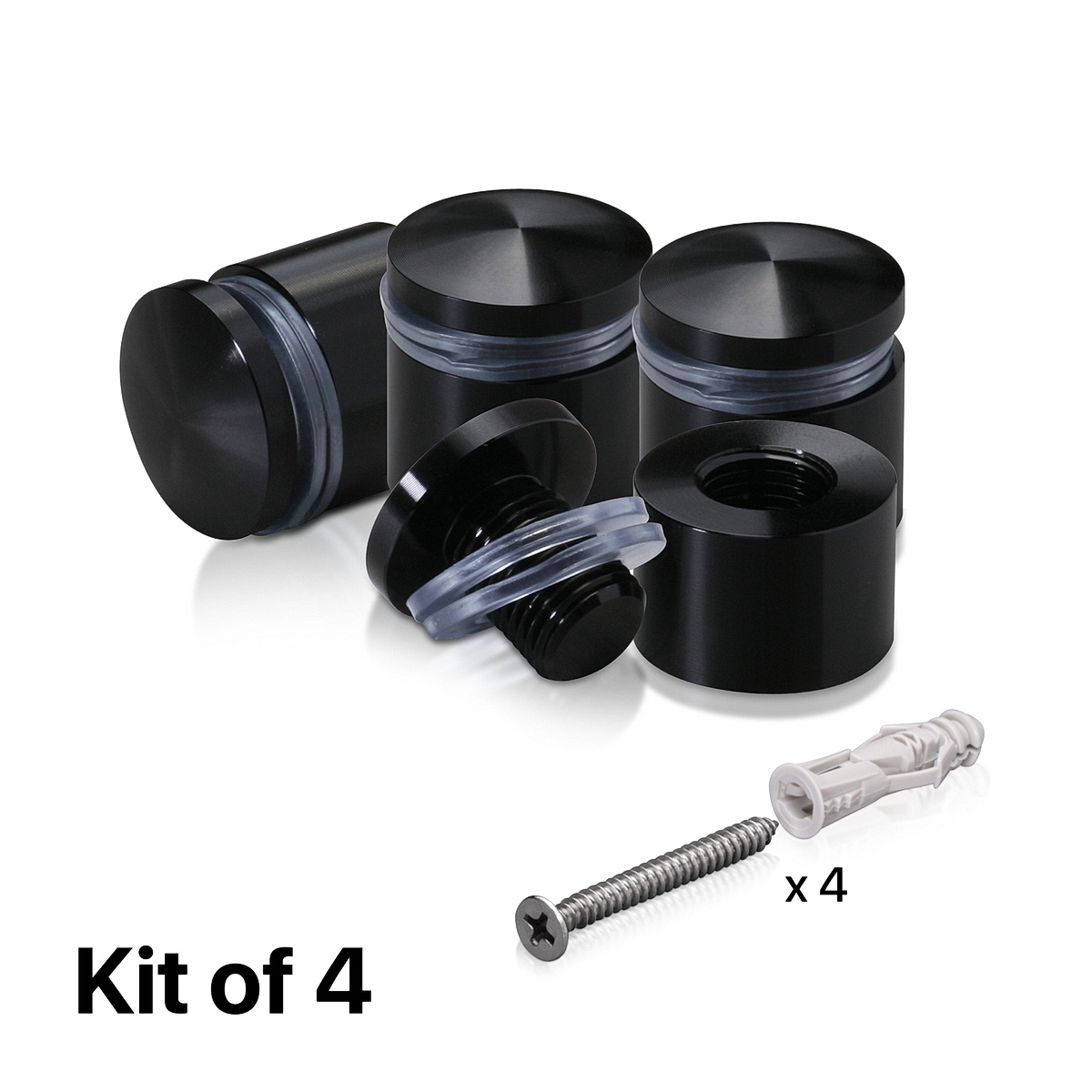 (Set of 4) 3/4'' Diameter X 1/2'' Barrel Length, Aluminum Rounded Head Standoffs, Black Anodized Finish Standoff with (4) 2216Z Screws and (4) LANC1 Anchors for concrete or drywall (For Inside / Outside use) [Required Material Hole Size: 7/16'']