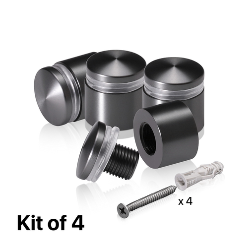 (Set of 4) 3/4'' Diameter X 1/2'' Barrel Length, Aluminum Rounded Head Standoffs, Titanium Anodized Finish Standoff with (4) 2216Z Screws and (4) LANC1 Anchors for concrete or drywall (For Inside / Outside use) [Required Material Hole Size: 7/16'']