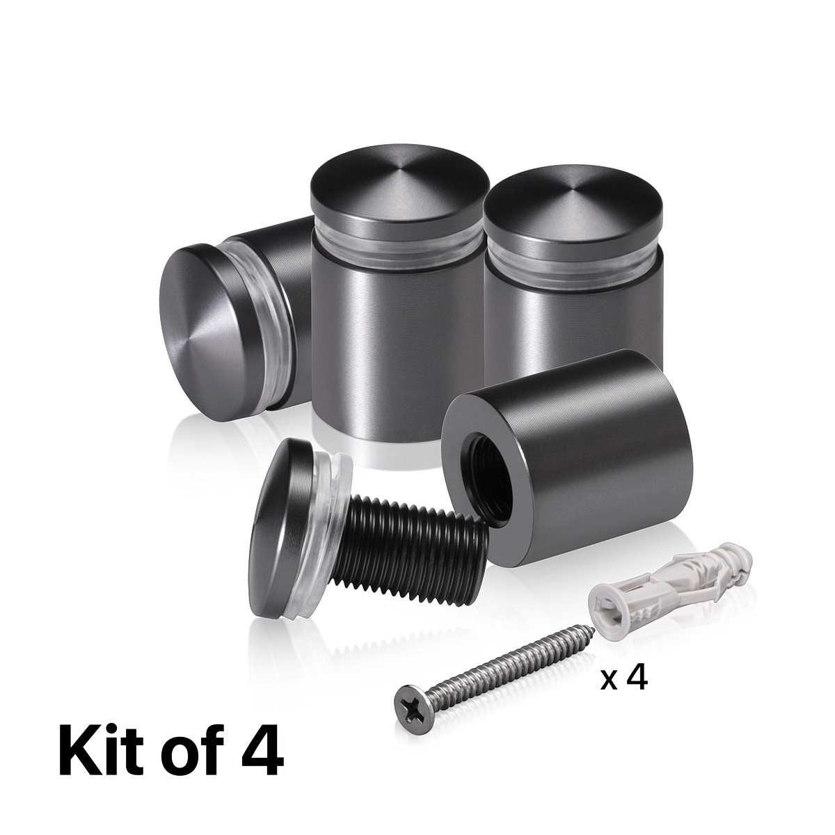 (Set of 4) 3/4'' Diameter X 3/4'' Barrel Length, Aluminum Rounded Head Standoffs, Titanium Anodized Finish Standoff with (4) 2216Z Screws and (4) LANC1 Anchors for concrete or drywall (For Inside / Outside use) [Required Material Hole Size: 7/16'']