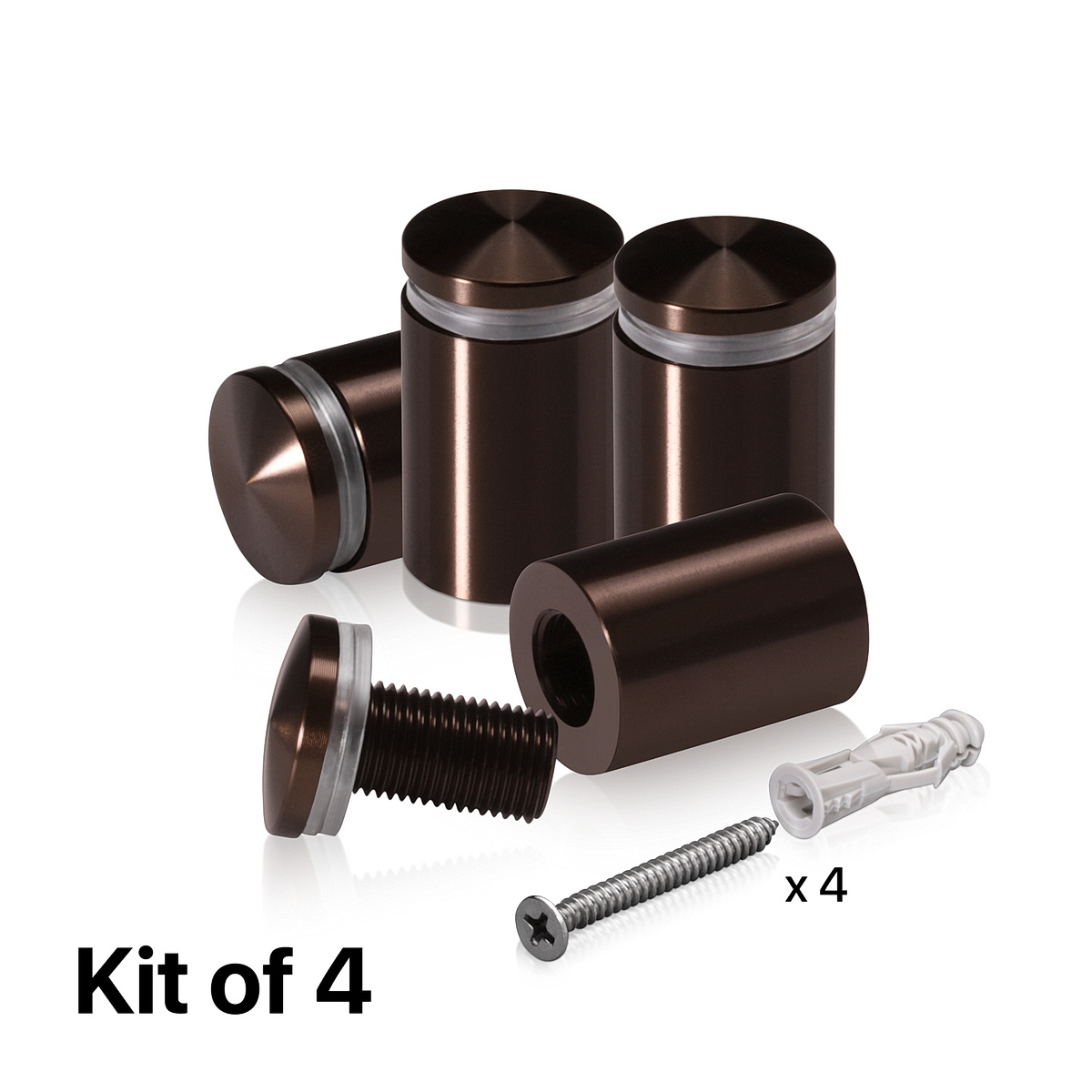 (Set of 4) 3/4'' Diameter X 1'' Barrel Length, Aluminum Rounded Head Standoffs, Bronze Anodized Finish Standoff with (4) 2216Z Screws and (4) LANC1 Anchors for concrete or drywall (For Inside / Outside use) [Required Material Hole Size: 7/16'']