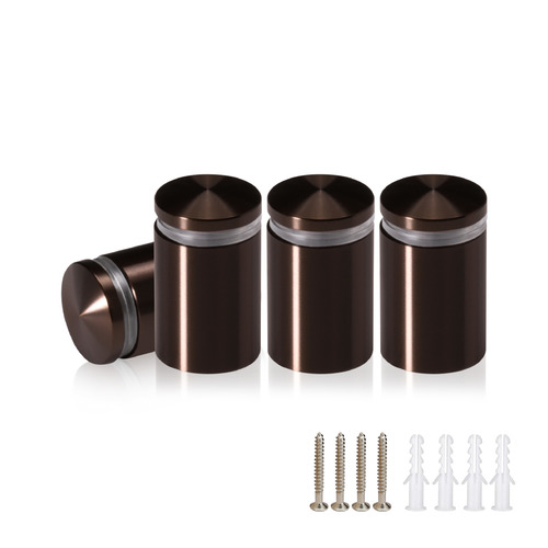 (Set of 4) 3/4'' Diameter X 1'' Barrel Length, Aluminum Rounded Head Standoffs, Bronze Anodized Finish Standoff with (4) 2216Z Screws and (4) LANC1 Anchors for concrete or drywall (For Inside / Outside use) [Required Material Hole Size: 7/16'']