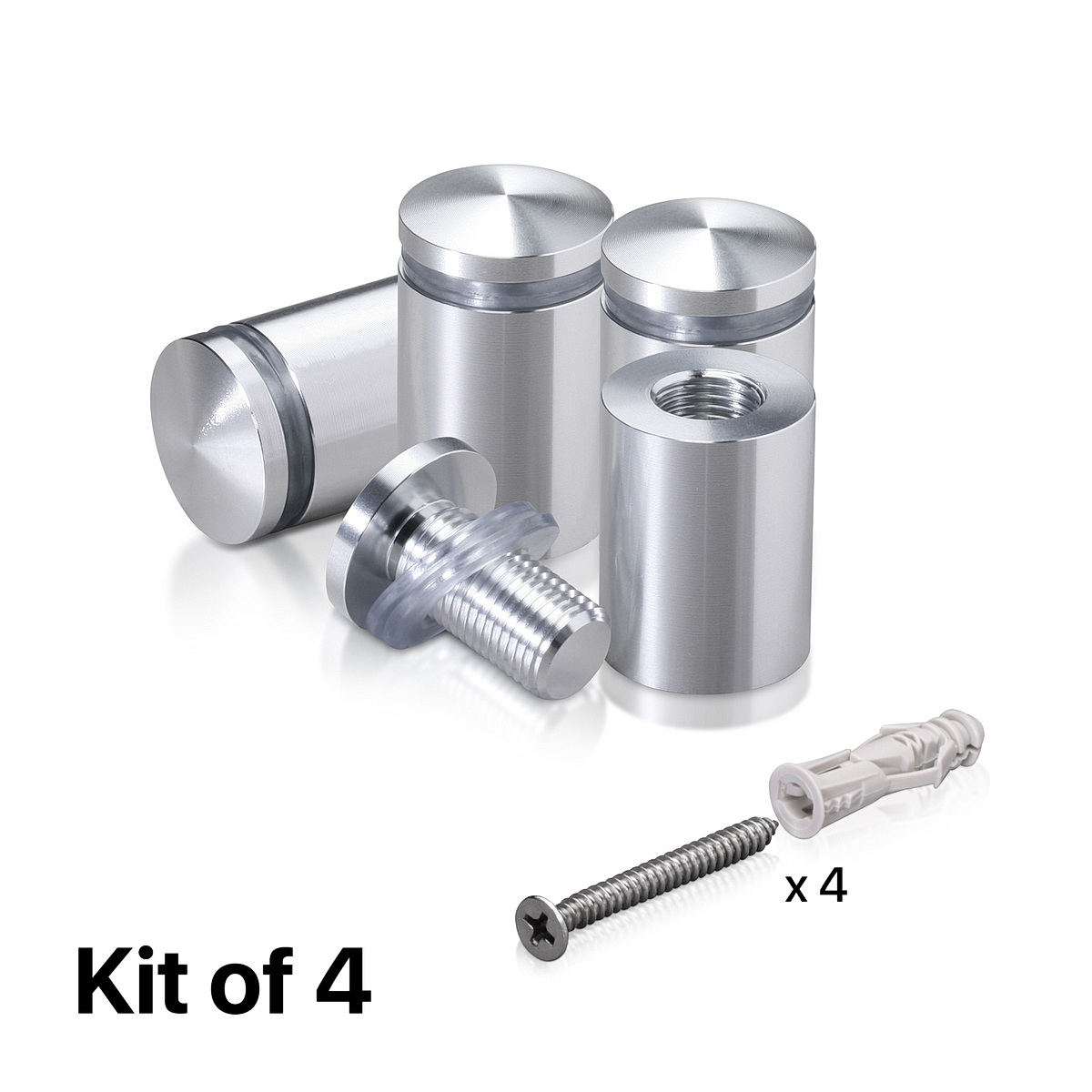 (Set of 4) 3/4'' Diameter X 1'' Barrel Length, Aluminum Rounded Head Standoffs, Shiny Anodized Finish Standoff with (4) 2216Z Screws and (4) LANC1 Anchors for concrete or drywall (For Inside / Outside use) [Required Material Hole Size: 7/16'']