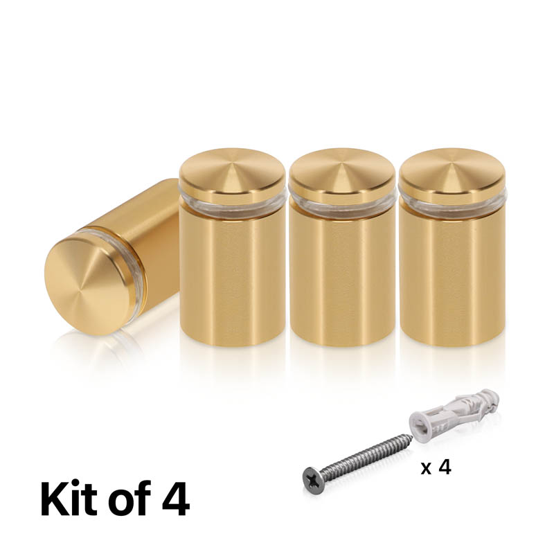 (Set of 4) 3/4'' Diameter X 1'' Barrel Length, Aluminum Rounded Head Standoffs, Champagne Anodized Finish Standoff with (4) 2216Z Screws and (4) LANC1 Anchors for concrete or drywall (For Inside / Outside use) [Required Material Hole Size: 7/16'']