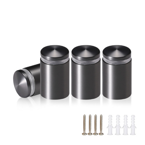 (Set of 4) 3/4'' Diameter X 1'' Barrel Length, Aluminum Rounded Head Standoffs, Titanium Anodized Finish Standoff with (4) 2216Z Screws and (4) LANC1 Anchors for concrete or drywall (For Inside / Outside use) [Required Material Hole Size: 7/16'']