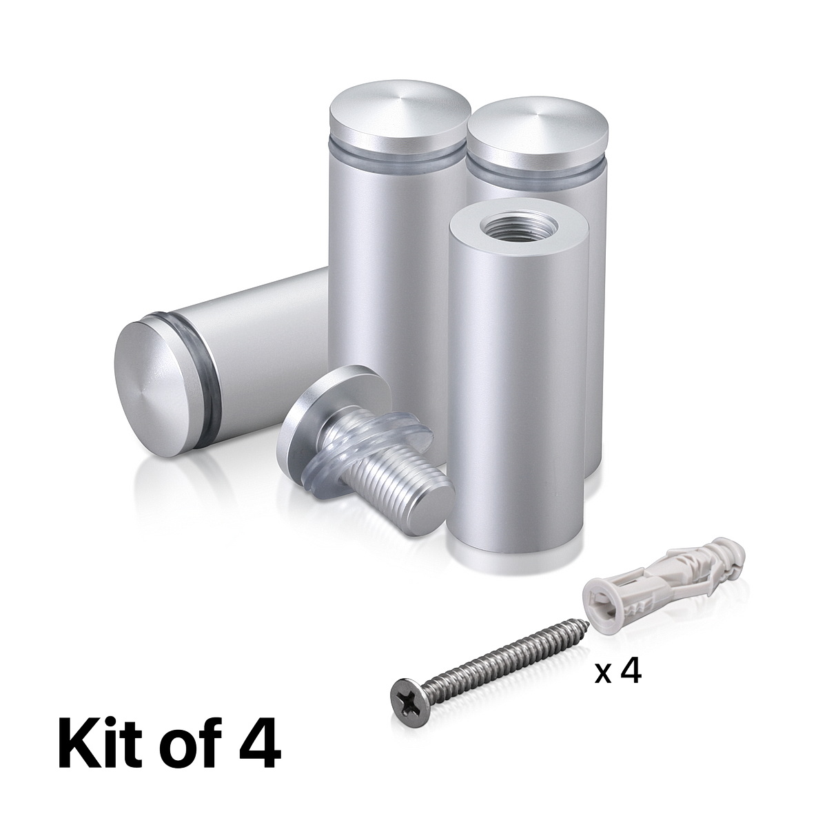 (Set of 4) 3/4'' Diameter X 1-3/4'' Barrel Length, Aluminum Rounded Head Standoffs, Clear Anodized Finish Standoff with (4) 2216Z Screws and (4) LANC1 Anchors for concrete or drywall (For Inside / Outside use) [Required Material Hole Size: 7/16'']
