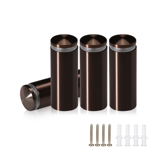 (Set of 4) 3/4'' Diameter X 1-3/4'' Barrel Length, Aluminum Rounded Head Standoffs, Bronze Anodized Finish Standoff with (4) 2216Z Screws and (4) LANC1 Anchors for concrete or drywall (For Inside / Outside use) [Required Material Hole Size: 7/16'']