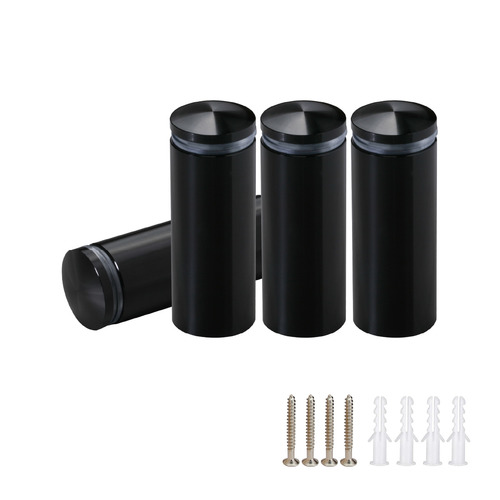 (Set of 4) 3/4'' Diameter X 1-3/4'' Barrel Length, Aluminum Rounded Head Standoffs, Black Anodized Finish Standoff with (4) 2216Z Screws and (4) LANC1 Anchors for concrete or drywall (For Inside / Outside use) [Required Material Hole Size: 7/16'']