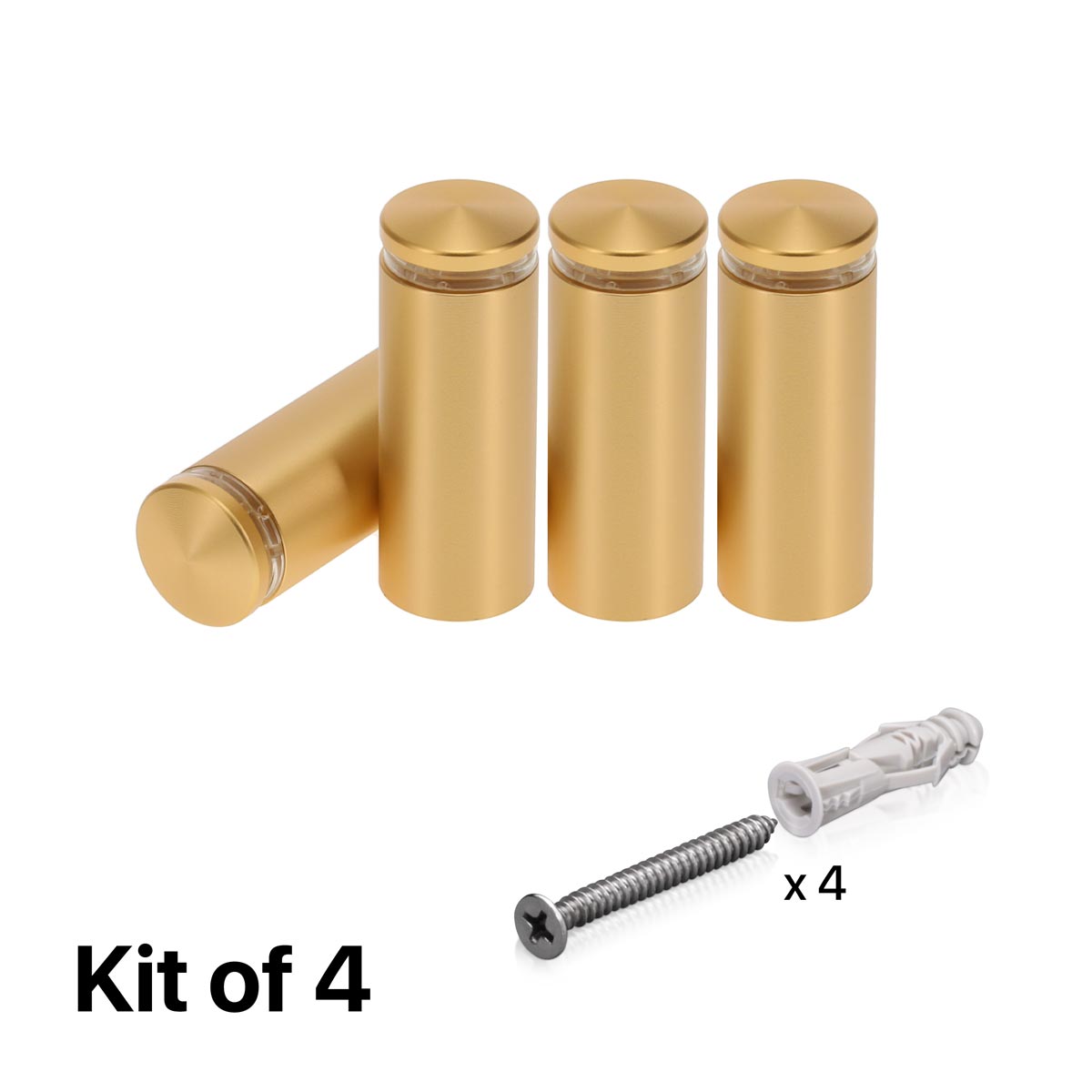 (Set of 4) 3/4'' Diameter X 1-3/4'' Barrel Length, Alumi. Rounded Head Standoffs, Matte Champagne Anodized Finish Standoff with (4) 2216Z Screws and (4) LANC1 Anchors for concrete or drywall (For In / Out use) [Required Material Hole Size: 7/16'']