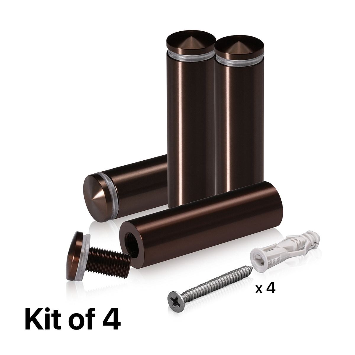 (Set of 4) 3/4'' Diameter X 2-1/2'' Barrel Length, Aluminum Rounded Head Standoffs, Bronze Anodized Finish Standoff with (4) 2216Z Screws and (4) LANC1 Anchors for concrete or drywall (For Inside / Outside use) [Required Material Hole Size: 7/16'']