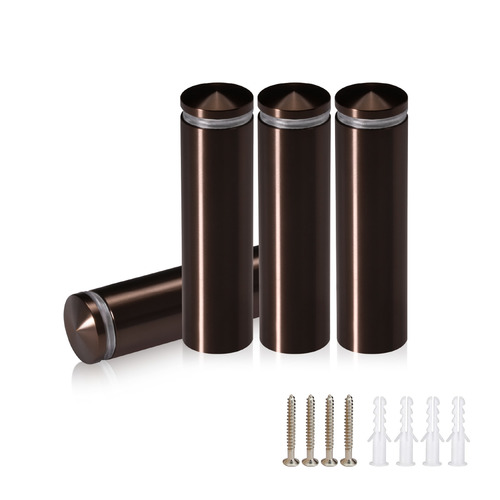 (Set of 4) 3/4'' Diameter X 2-1/2'' Barrel Length, Aluminum Rounded Head Standoffs, Bronze Anodized Finish Standoff with (4) 2216Z Screws and (4) LANC1 Anchors for concrete or drywall (For Inside / Outside use) [Required Material Hole Size: 7/16'']