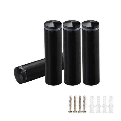 (Set of 4) 3/4'' Diameter X 2-1/2'' Barrel Length, Aluminum Rounded Head Standoffs, Black Anodized Finish Standoff with (4) 2216Z Screws and (4) LANC1 Anchors for concrete or drywall (For Inside / Outside use) [Required Material Hole Size: 7/16'']