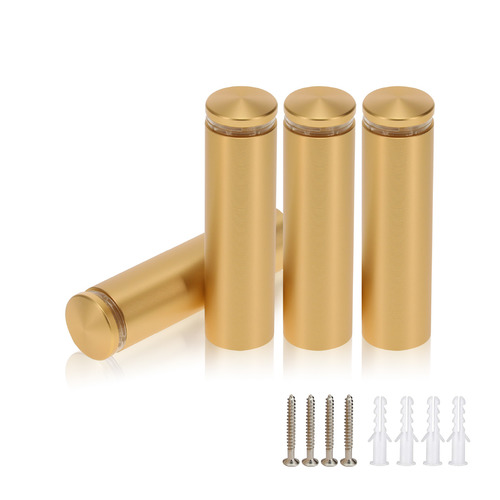 (Set of 4) 3/4'' Diameter X 2-1/2'' Barrel Length, Alumi. Rounded Head Standoffs, Matte Champagne Anodized Finish Standoff with (4) 2216Z Screws and (4) LANC1 Anchors for concrete or drywall (For In / Out use) [Required Material Hole Size: 7/16'']
