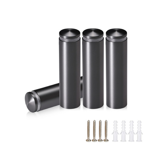 (Set of 4) 3/4'' Diameter X 2-1/2'' Barrel Length, Aluminum Rounded Head Standoffs, Titanium Anodized Finish Standoff with (4) 2216Z Screws and (4) LANC1 Anchors for concrete or drywall (For Inside / Outside use) [Required Material Hole Size: 7/16'']