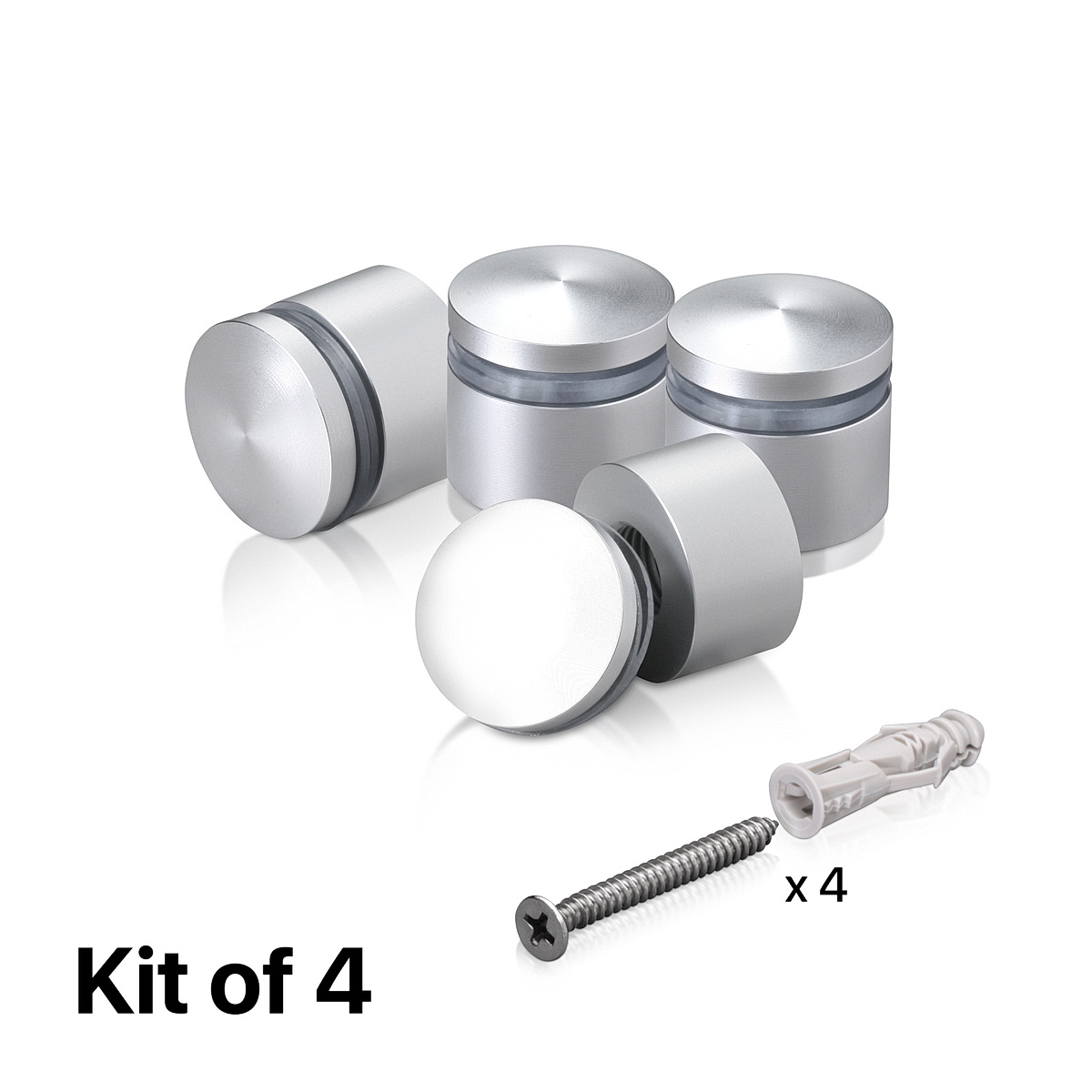 (Set of 4) 7/8'' Diameter X 1/2'' Barrel Length, Aluminum Rounded Head Standoffs, Clear Anodized Finish Standoff with (4) 2216Z Screws and (4) LANC1 Anchors for concrete or drywall (For Inside / Outside use) [Required Material Hole Size: 7/16'']