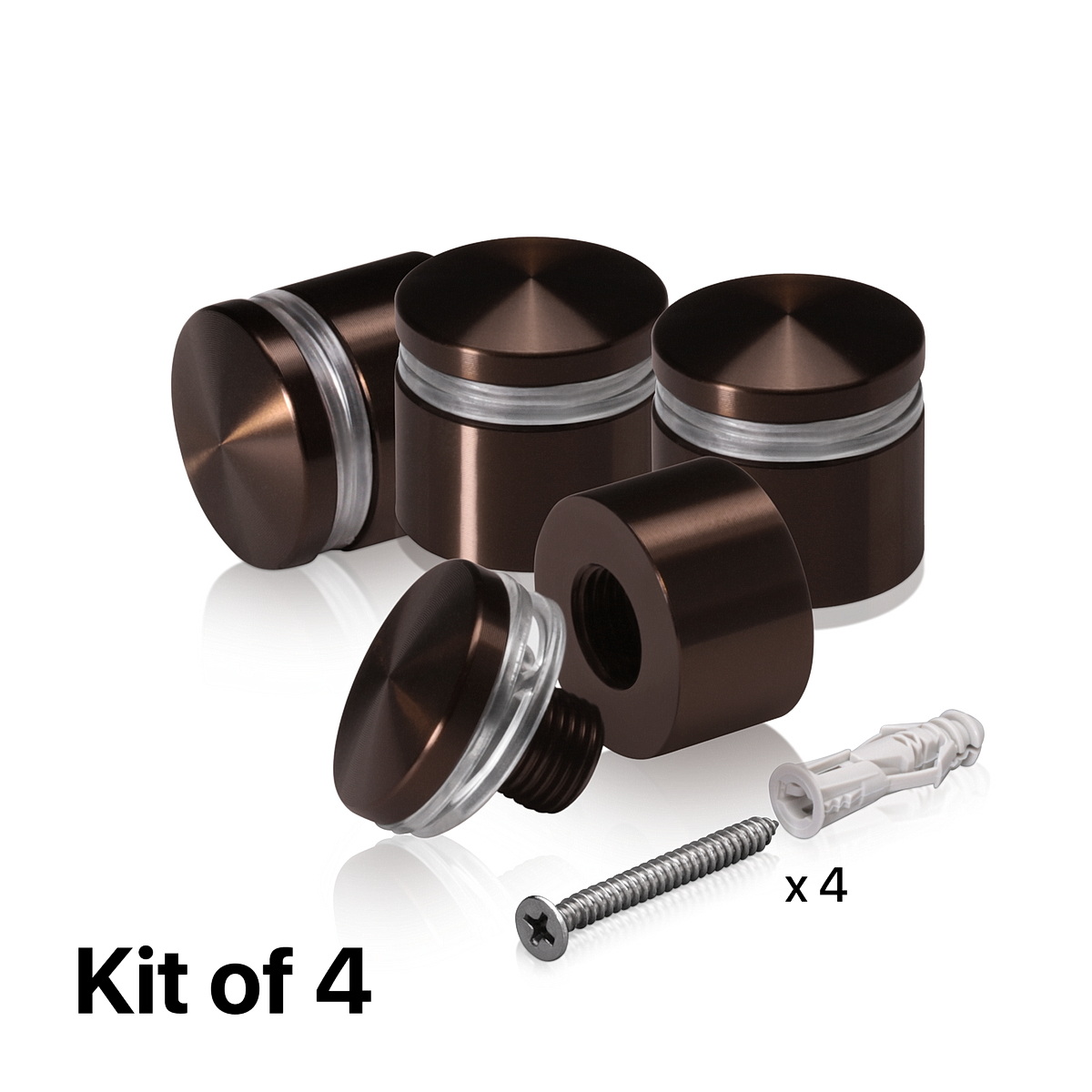 (Set of 4) 7/8'' Diameter X 1/2'' Barrel Length, Aluminum Rounded Head Standoffs, Bronze Anodized Finish Standoff with (4) 2216Z Screws and (4) LANC1 Anchors for concrete or drywall (For Inside / Outside use) [Required Material Hole Size: 7/16'']