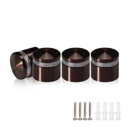 (Set of 4) 7/8'' Diameter X 1/2'' Barrel Length, Aluminum Rounded Head Standoffs, Bronze Anodized Finish Standoff with (4) 2216Z Screws and (4) LANC1 Anchors for concrete or drywall (For Inside / Outside use) [Required Material Hole Size: 7/16'']