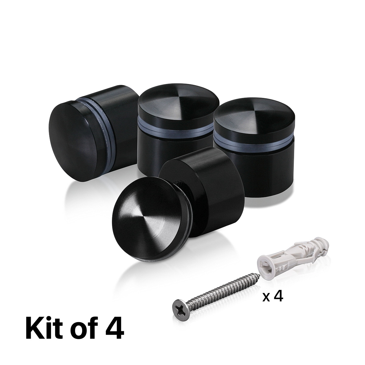 (Set of 4) 7/8'' Diameter X 1/2'' Barrel Length, Aluminum Rounded Head Standoffs, Black Anodized Finish Standoff with (4) 2216Z Screws and (4) LANC1 Anchors for concrete or drywall (For Inside / Outside use) [Required Material Hole Size: 7/16'']