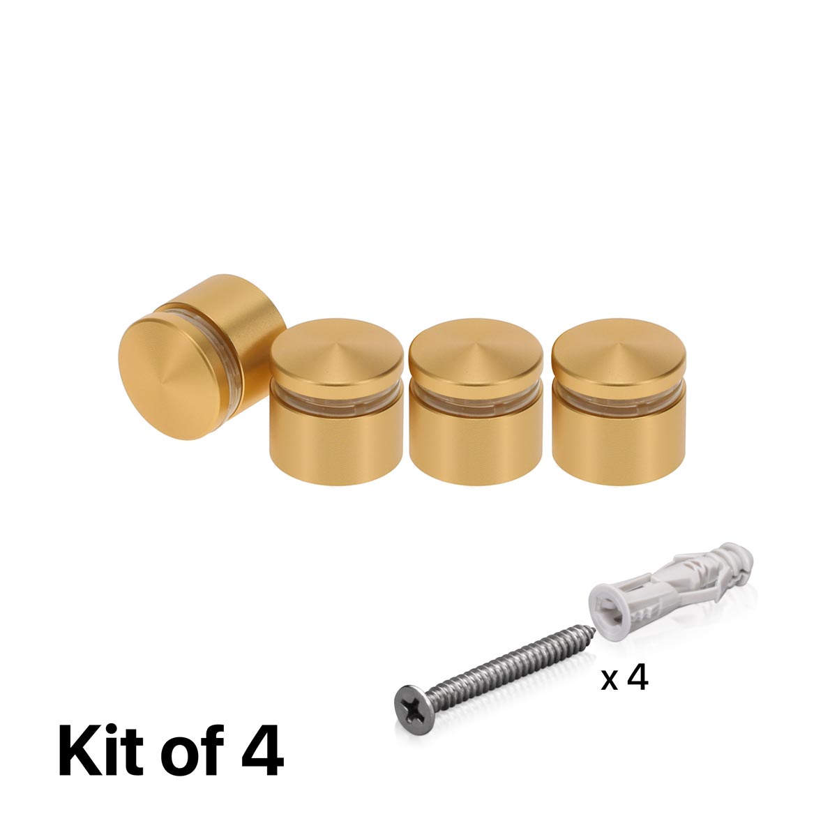 (Set of 4) 7/8'' Diameter X 1/2'' Barrel Length, Alumi. Rounded Head Standoffs, Matte Champagne Anodized Finish Standoff with (4) 2216Z Screws and (4) LANC1 Anchors for concrete or drywall (For In / Out use) [Required Material Hole Size: 7/16'']