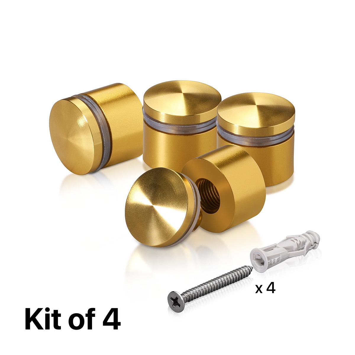 (Set of 4) 7/8'' Diameter X 1/2'' Barrel Length, Aluminum Rounded Head Standoffs, Gold Anodized Finish Standoff with (4) 2216Z Screws and (4) LANC1 Anchors for concrete or drywall (For Inside / Outside use) [Required Material Hole Size: 7/16'']