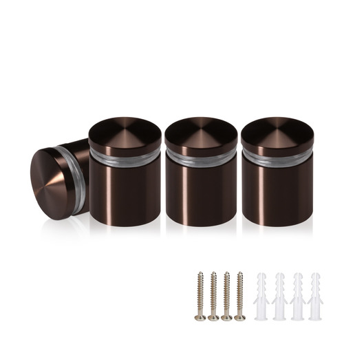 (Set of 4) 7/8'' Diameter X 3/4'' Barrel Length, Aluminum Rounded Head Standoffs, Bronze Anodized Finish Standoff with (4) 2216Z Screws and (4) LANC1 Anchors for concrete or drywall (For Inside / Outside use) [Required Material Hole Size: 7/16'']