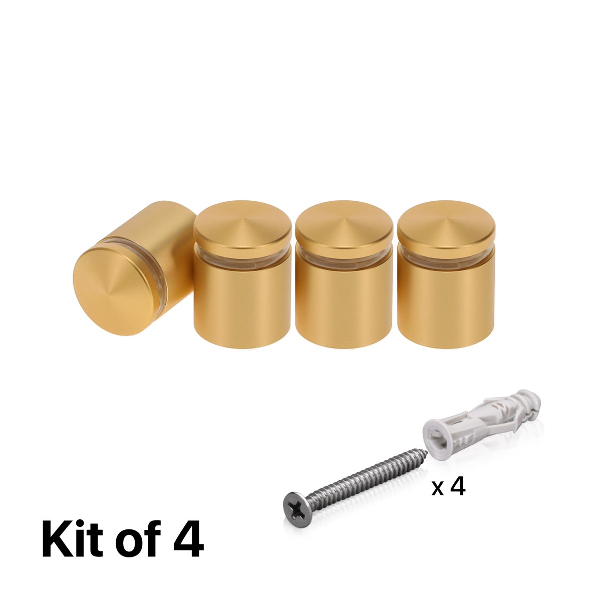 (Set of 4) 7/8'' Diameter X 3/4'' Barrel Length, Alumi. Rounded Head Standoffs, Matte Champagne Anodized Finish Standoff with (4) 2216Z Screws and (4) LANC1 Anchors for concrete or drywall (For In / Out use) [Required Material Hole Size: 7/16'']