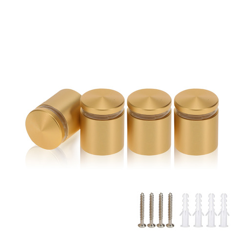 (Set of 4) 7/8'' Diameter X 3/4'' Barrel Length, Alumi. Rounded Head Standoffs, Matte Champagne Anodized Finish Standoff with (4) 2216Z Screws and (4) LANC1 Anchors for concrete or drywall (For In / Out use) [Required Material Hole Size: 7/16'']