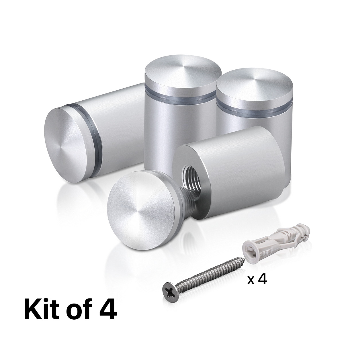 (Set of 4) 7/8'' Diameter X 1'' Barrel Length, Aluminum Rounded Head Standoffs, Clear Anodized Finish Standoff with (4) 2216Z Screws and (4) LANC1 Anchors for concrete or drywall (For Inside / Outside use) [Required Material Hole Size: 7/16'']