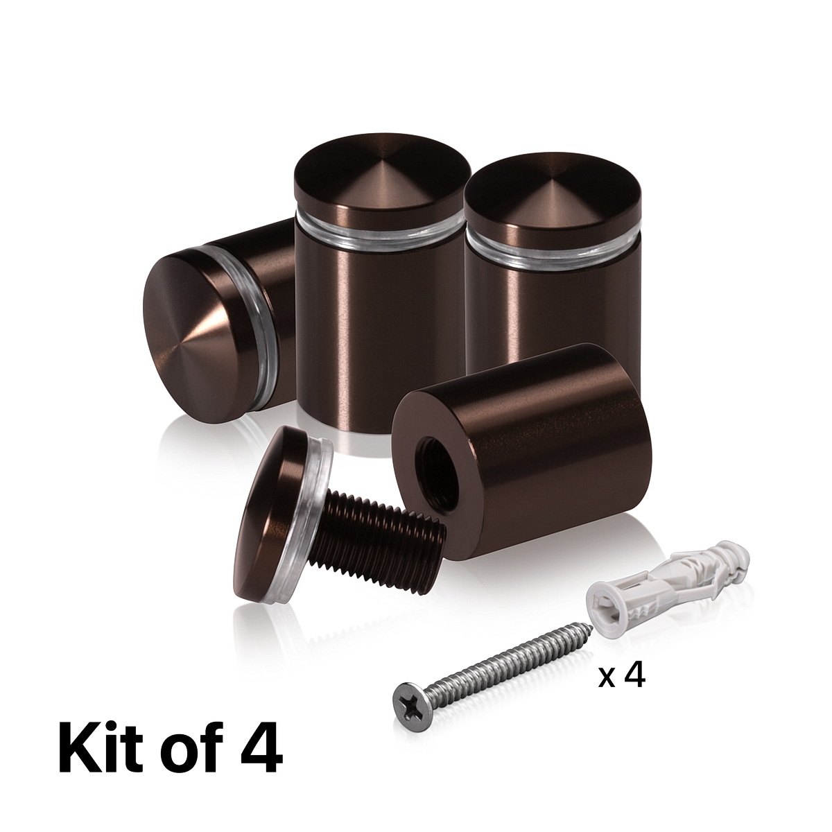 (Set of 4) 7/8'' Diameter X 1'' Barrel Length, Aluminum Rounded Head Standoffs, Bronze Anodized Finish Standoff with (4) 2216Z Screws and (4) LANC1 Anchors for concrete or drywall (For Inside / Outside use) [Required Material Hole Size: 7/16'']