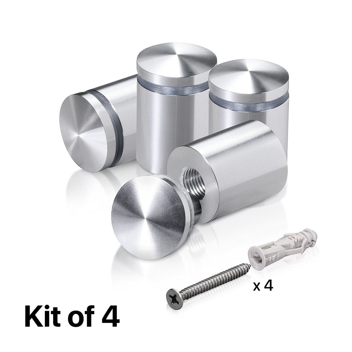 (Set of 4) 7/8'' Diameter X 1'' Barrel Length, Aluminum Rounded Head Standoffs, Shiny Anodized Finish Standoff with (4) 2216Z Screws and (4) LANC1 Anchors for concrete or drywall (For Inside / Outside use) [Required Material Hole Size: 7/16'']