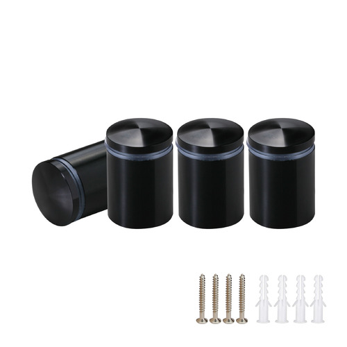 (Set of 4) 7/8'' Diameter X 1'' Barrel Length, Aluminum Rounded Head Standoffs, Black Anodized Finish Standoff with (4) 2216Z Screws and (4) LANC1 Anchors for concrete or drywall (For Inside / Outside use) [Required Material Hole Size: 7/16'']