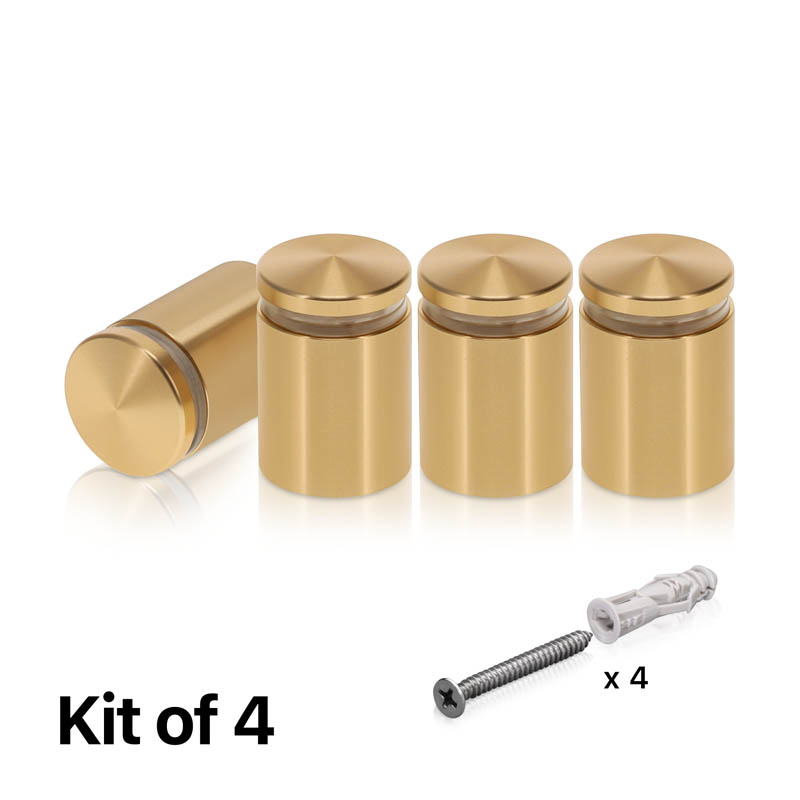 (Set of 4) 7/8'' Diameter X 1'' Barrel Length, Aluminum Rounded Head Standoffs, Champagne Anodized Finish Standoff with (4) 2216Z Screws and (4) LANC1 Anchors for concrete or drywall (For Inside / Outside use) [Required Material Hole Size: 7/16'']