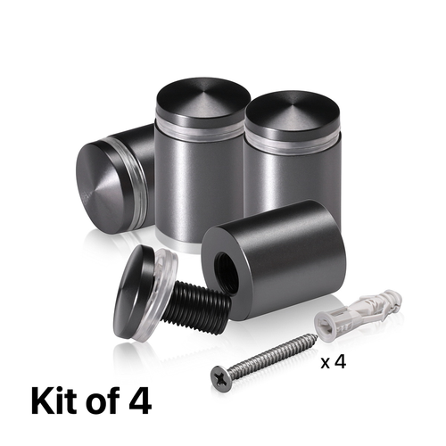 (Set of 4) 7/8'' Diameter X 1'' Barrel Length, Aluminum Rounded Head Standoffs, Titanium Anodized Finish Standoff with (4) 2216Z Screws and (4) LANC1 Anchors for concrete or drywall (For Inside / Outside use) [Required Material Hole Size: 7/16'']